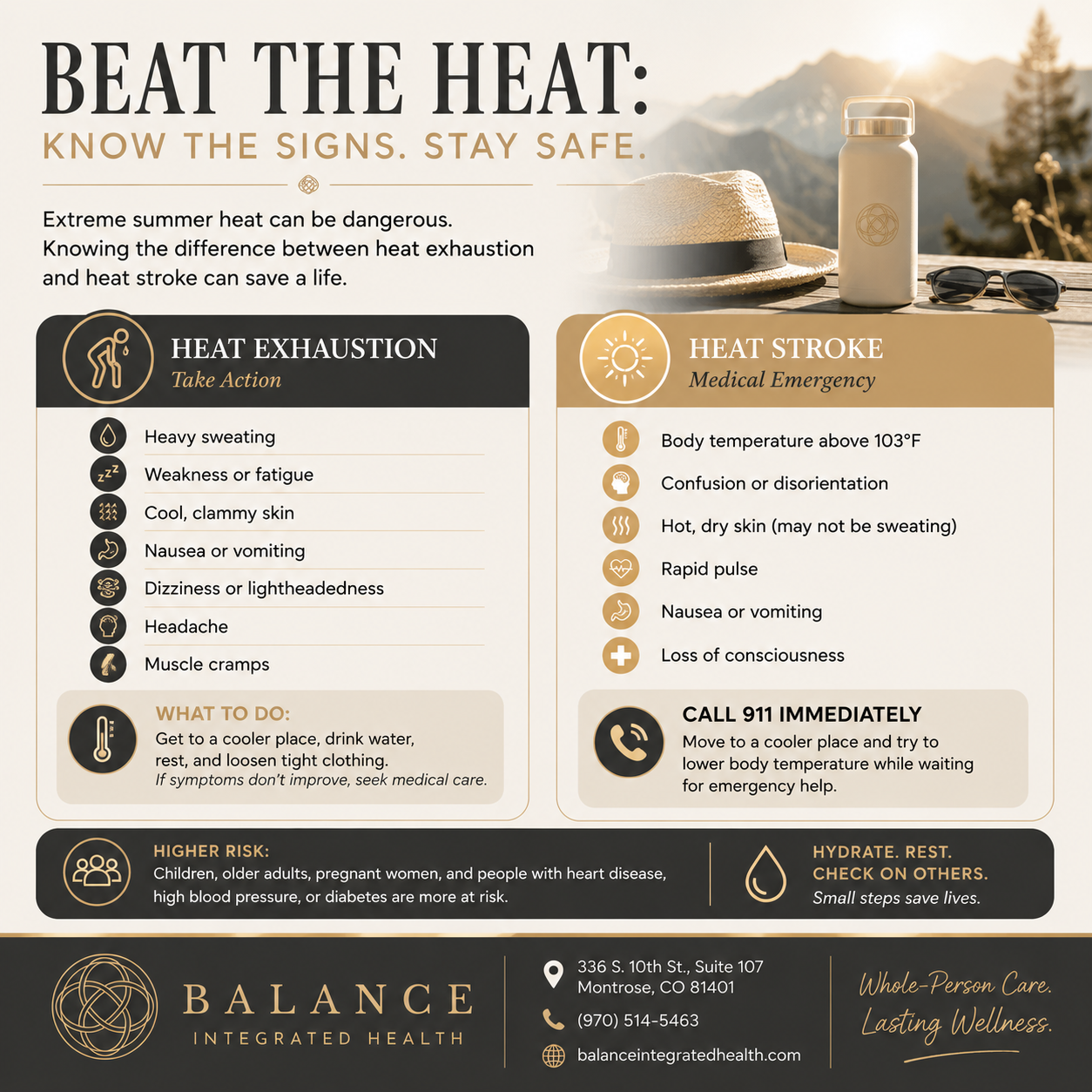 Heat exhaustion and heat stroke infographic showing symptoms, treatment, and prevention tips for staying safe during hot Colorado summer weather.