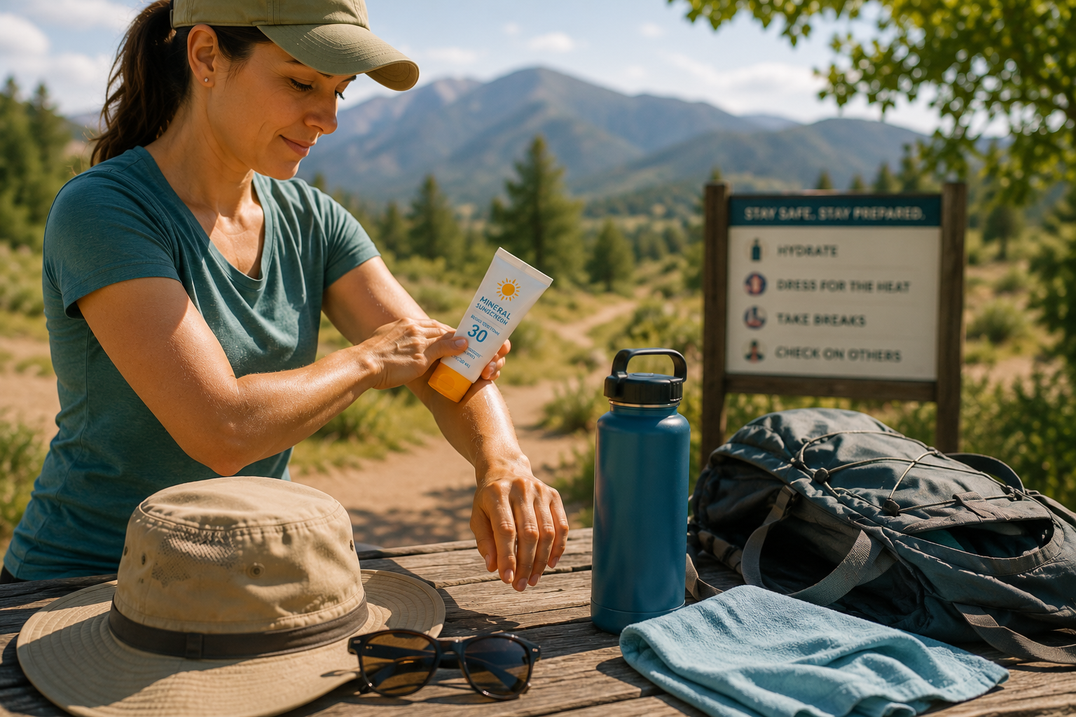 Person applying sunscreen before hiking with a water bottle, hat, and other summer essentials on a picnic table.