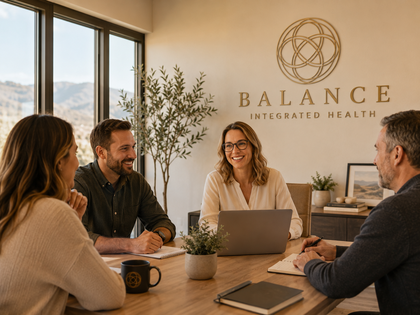 Local business owners meeting with Balance Integrated Health to discuss employee healthcare benefits and Direct Primary Care membership options.