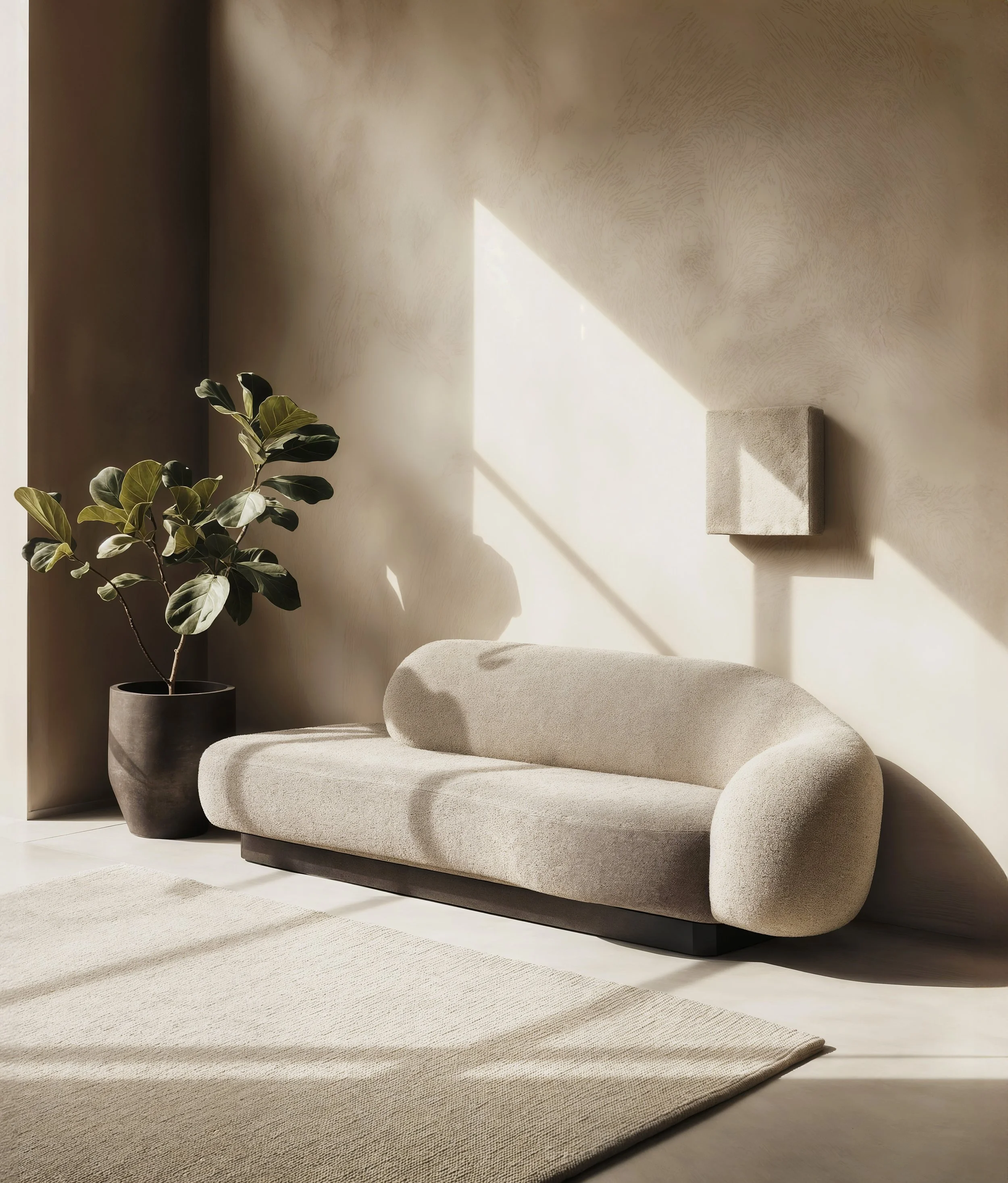 Minimalist living room with a cream-colored sofa, large potted plant, and textured wall art. Sunlight casts shadows on a light rug.