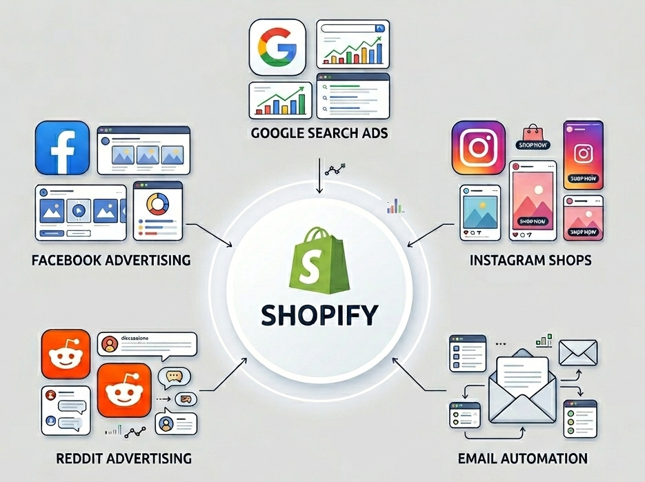 Diagram showing the performance marketing ecosystem, with icons representing each platform and marketing activity.