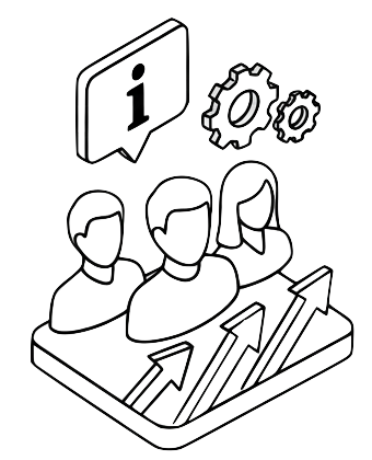 Line drawing of people with ideas and arrows