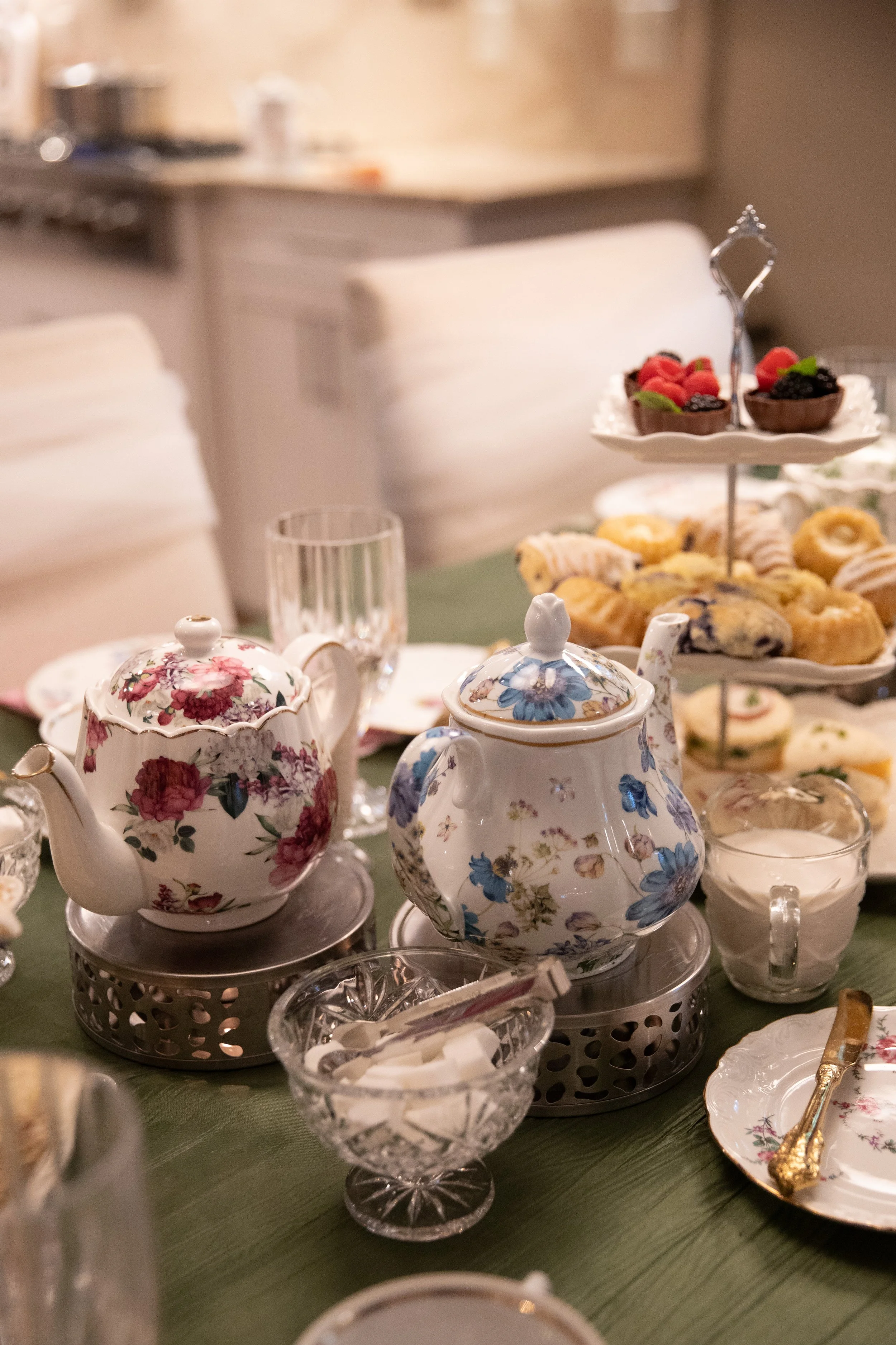 vintage fine china plates, full tea service, glassware, flatware, table accessories and serving rental