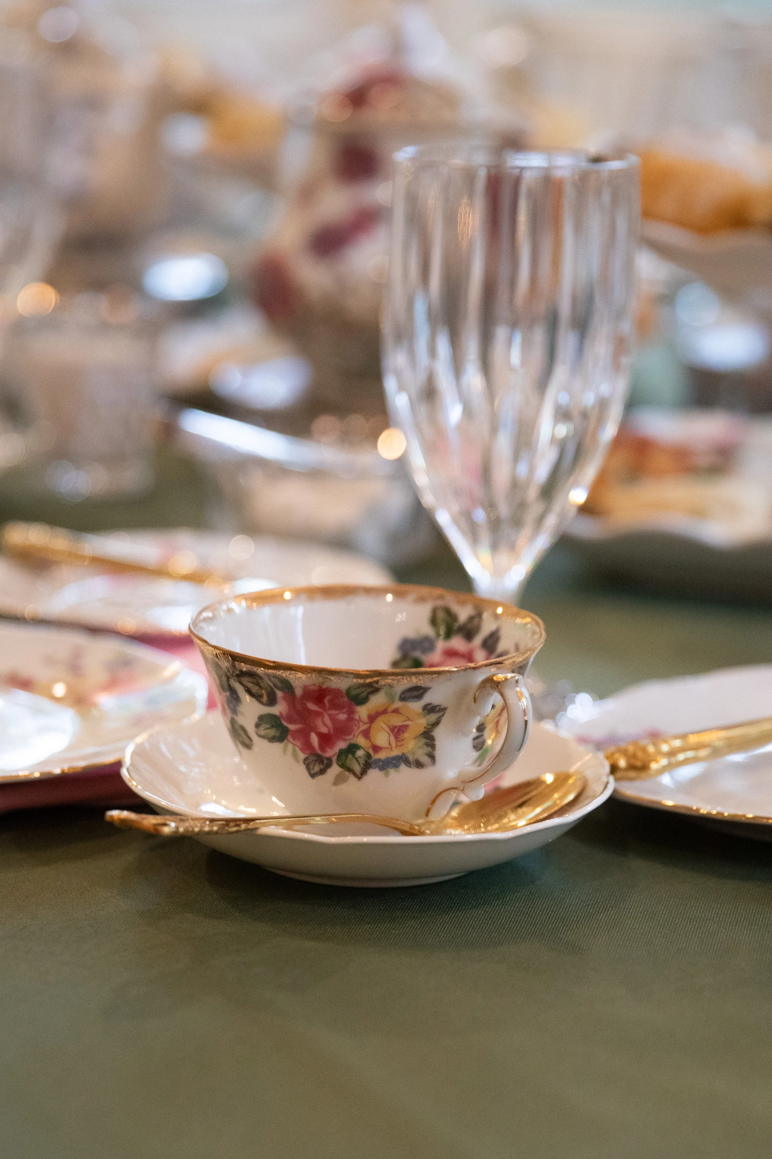 vintage fine china plates, full tea service, glassware, flatware, table accessories and serving rental