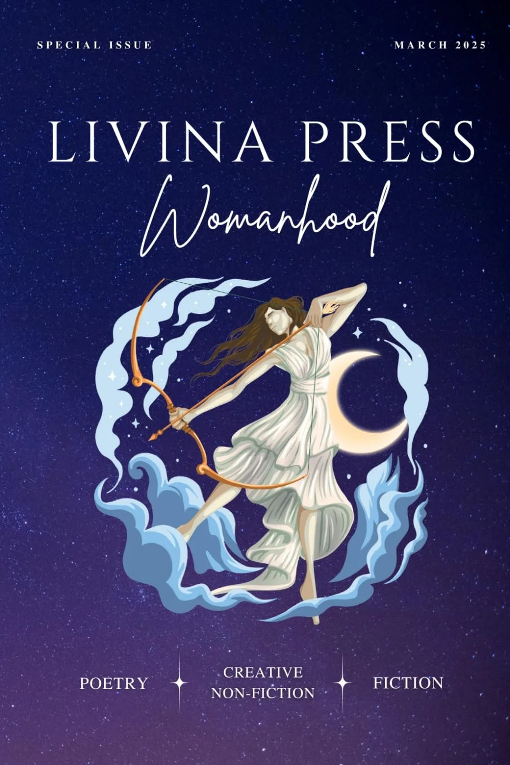 Book cover shows a woman in a flowy gown holding a bow and arrow, shooting it through the clouds with a celestial, deep purple gradient background