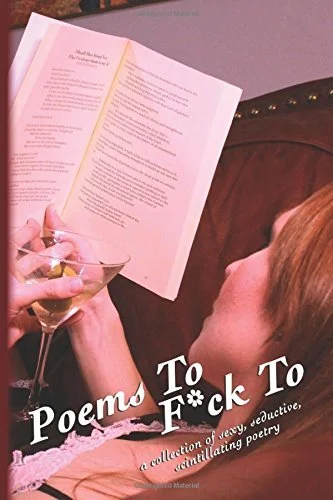 Book cover shows a woman leaning back on a couch reading an open-faced book while sipping a martini. The colors are rosy and blush for a romantic mood.
