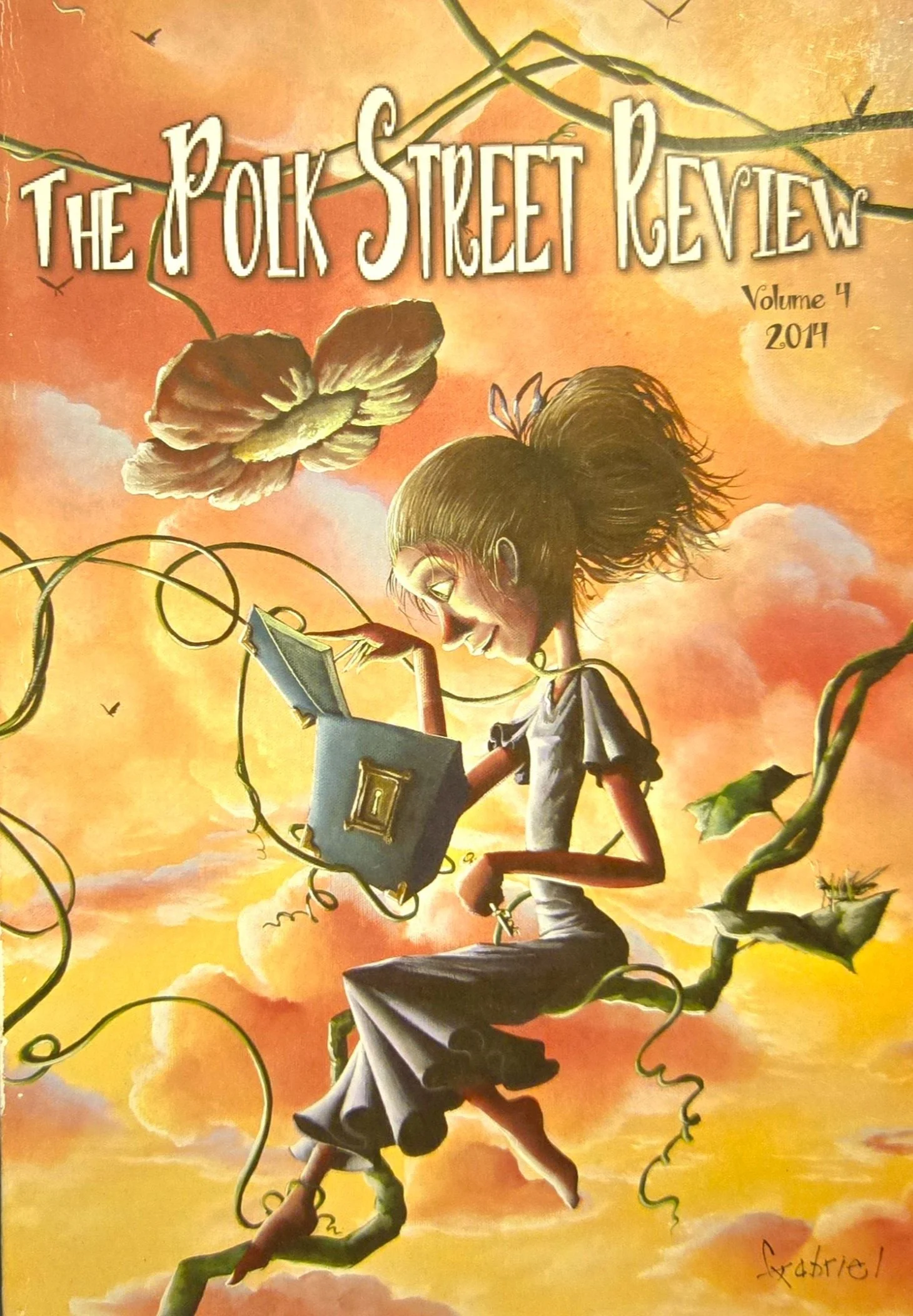 Book cover shows an illustration of a young girl looking into an open chest. She is sitting on a vine and the background shows yellow and pink clouds, as though at sunset.