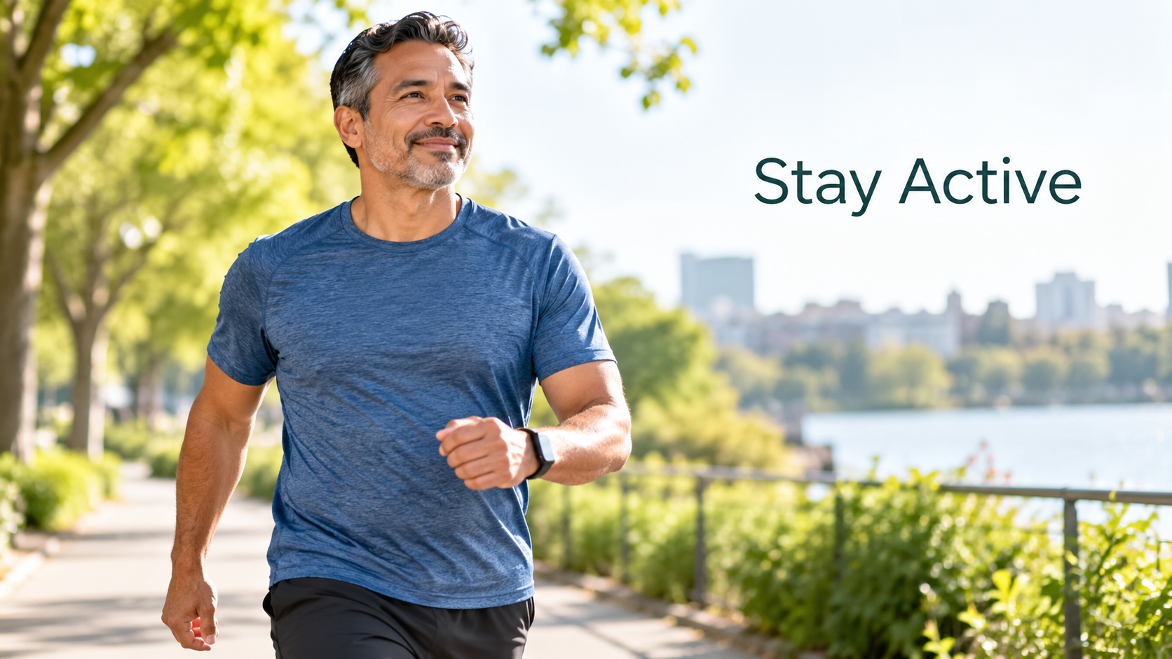 Middle-aged man jogging outdoors to maintain an active lifestyle and support long-term weight management