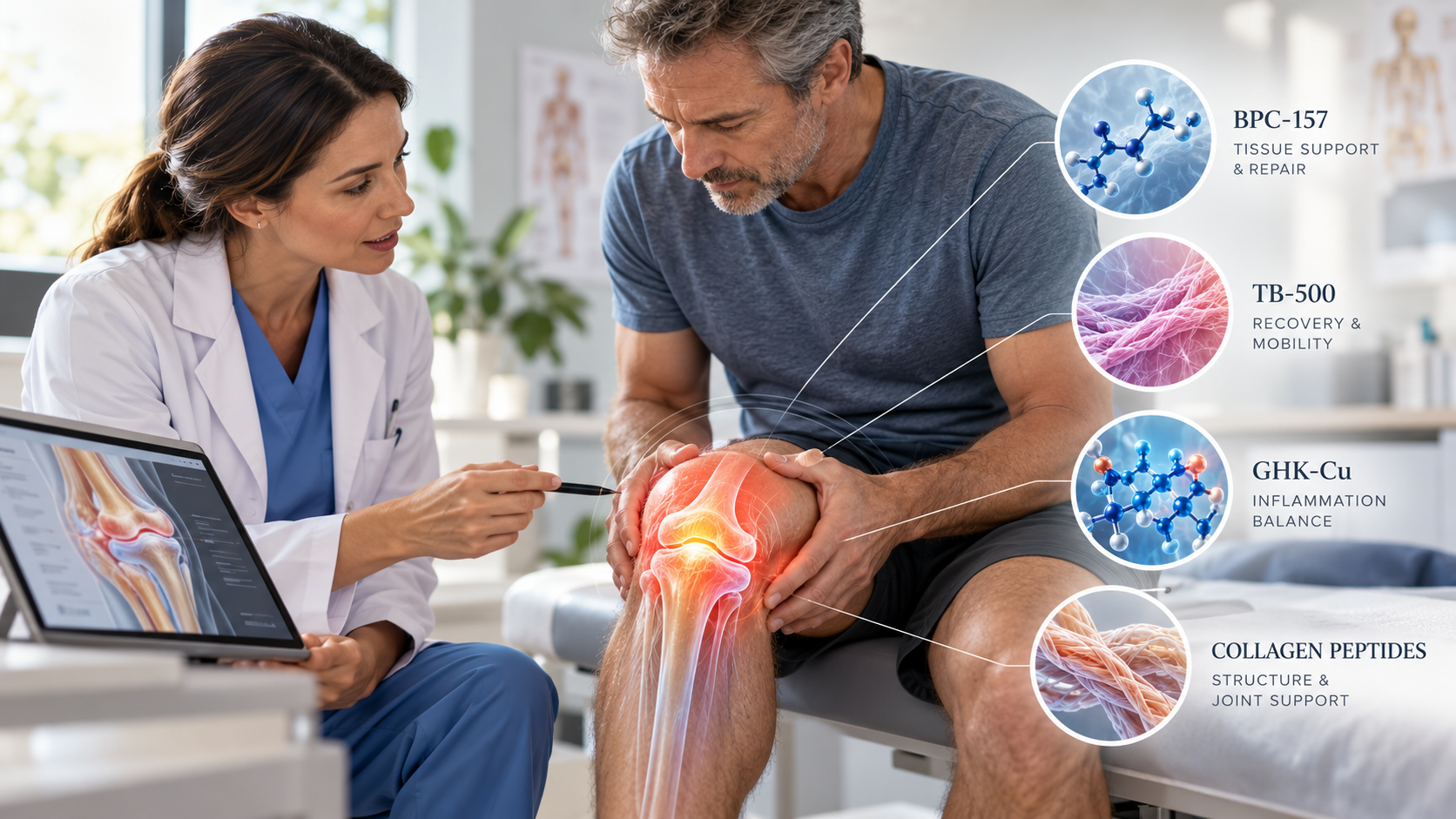 Doctor shows a knee scan on a tablet to a patient holding his knee, with peptide labels beside him