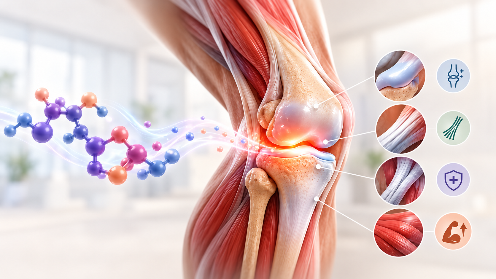 Knee anatomy illustration with peptide molecules flowing toward the joint and tissue close-ups