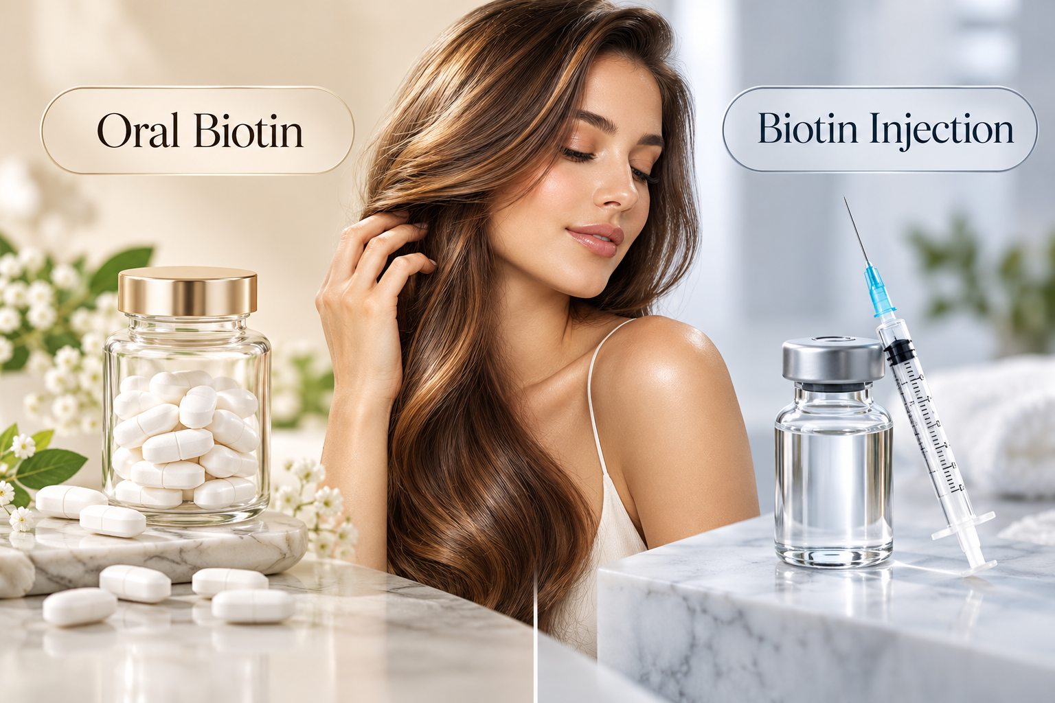 Comparison of oral biotin supplements in a glass jar and a biotin injection vial with syringe