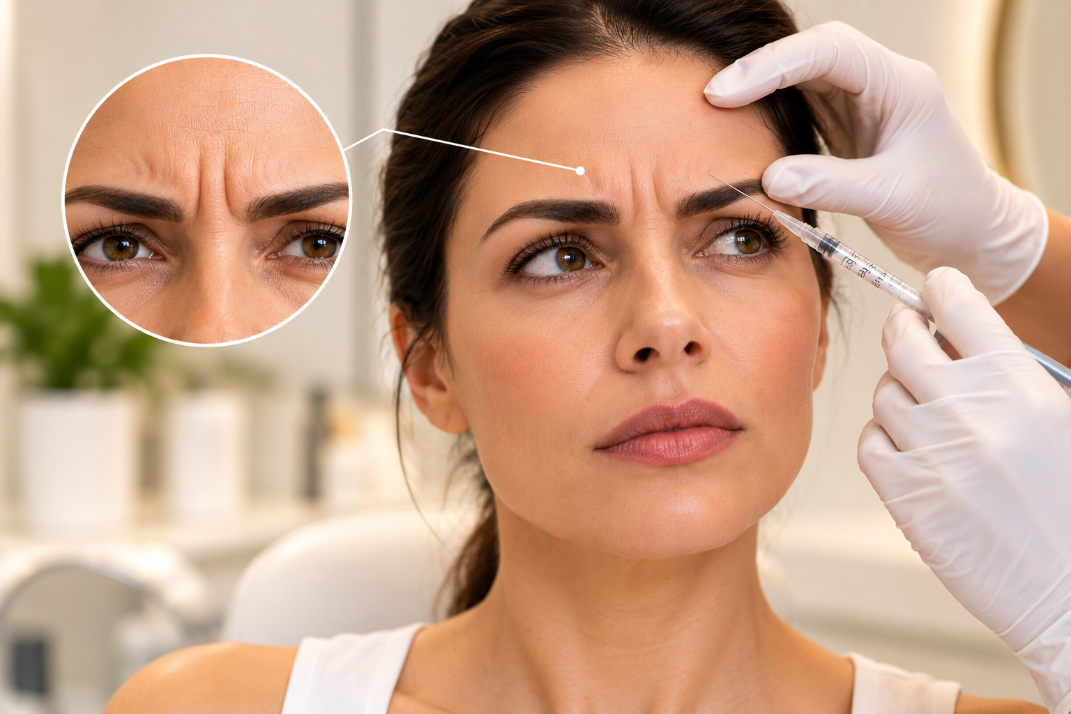 Close-up of Botox injection targeting vertical frown lines between the eyebrows.
