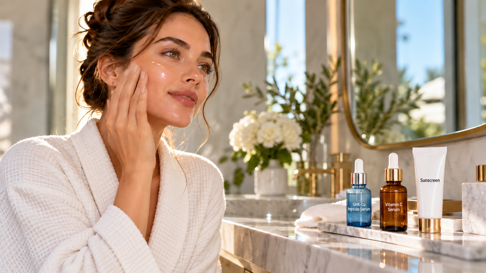 Woman using GHK-Cu peptide serum with skincare products.