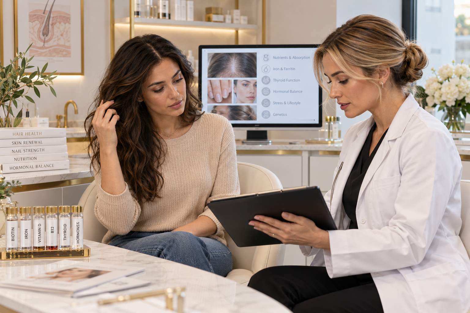 Healthcare professional discussing biotin injections and hair health with a female patient during a consultation