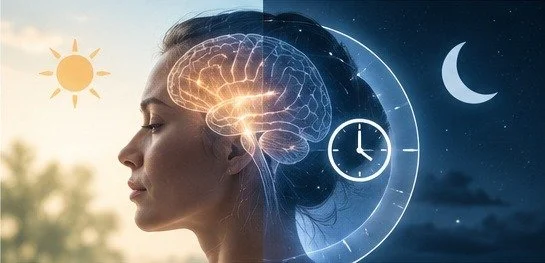 Woman’s profile with a glowing brain, sun, moon, and clock illustrating how NAD+ relates to the body’s sleep-wake cycle.