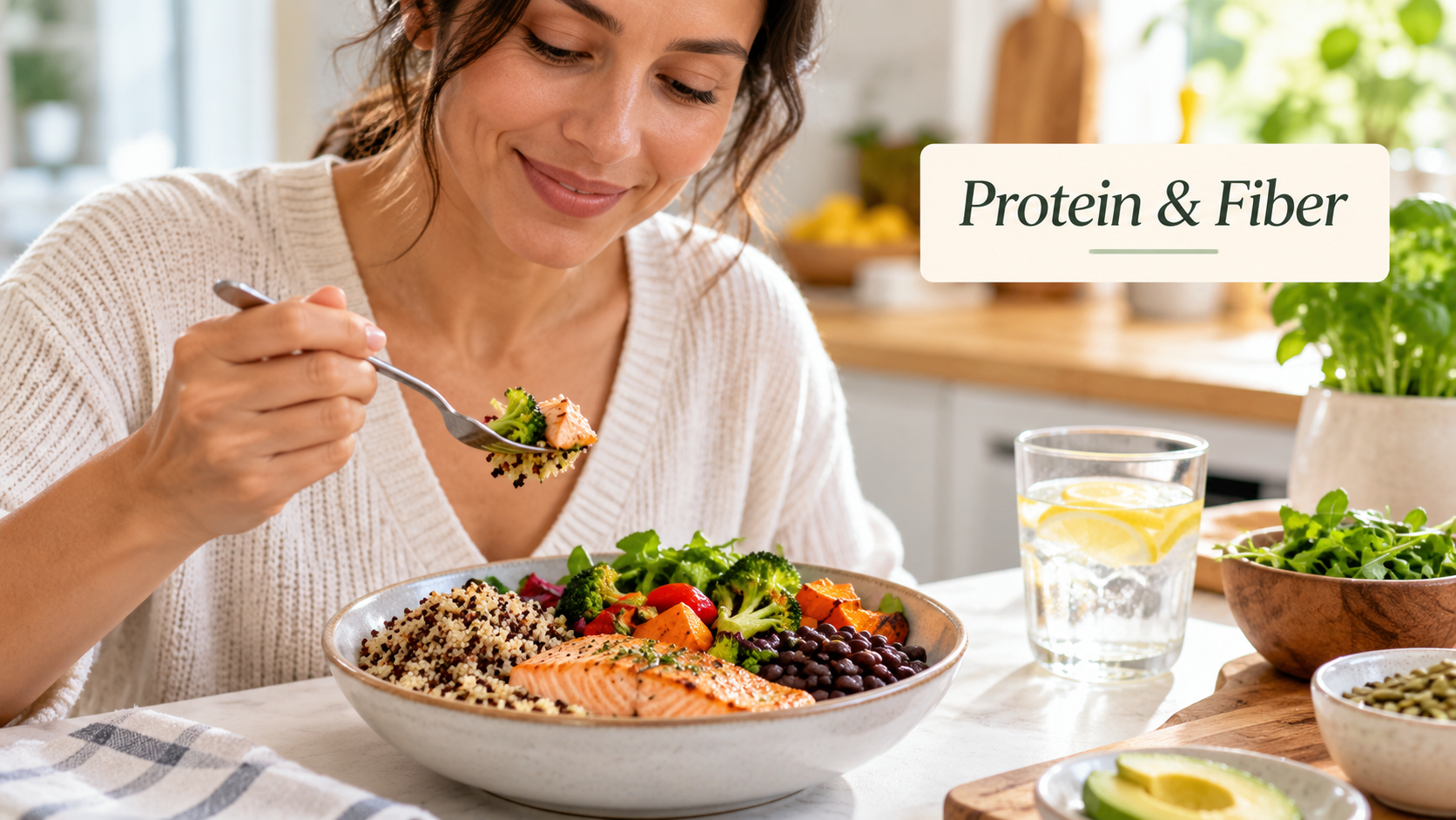 Woman eating a protein- and fiber-rich meal with salmon, quinoa, beans, and vegetables for healthy weight management