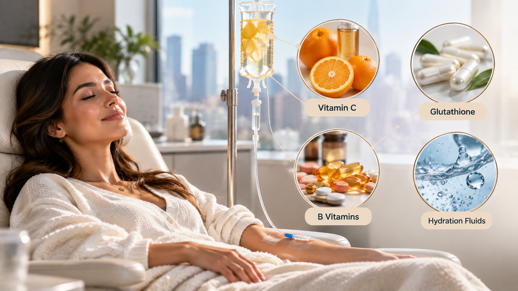 Beauty IV therapy with vitamin C, glutathione, B vitamins, and hydration fluids.