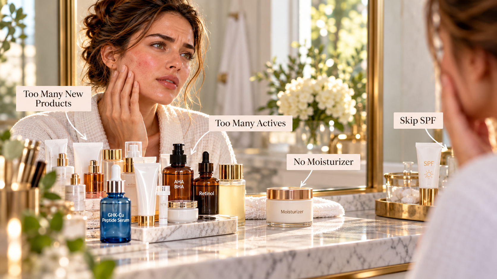 Common GHK-Cu skincare layering mistakes with multiple products.