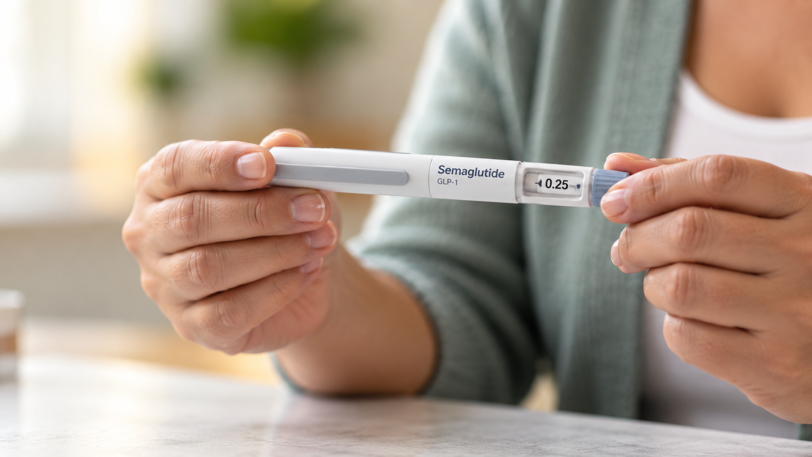Close-up of a person holding a semaglutide GLP-1 injection pen used for weight management