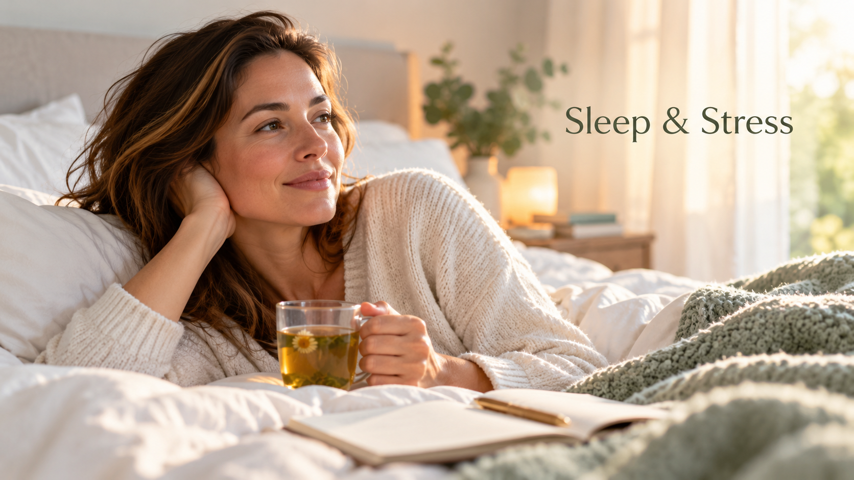 Woman relaxing in bed with herbal tea, highlighting the importance of sleep and stress management for overall health