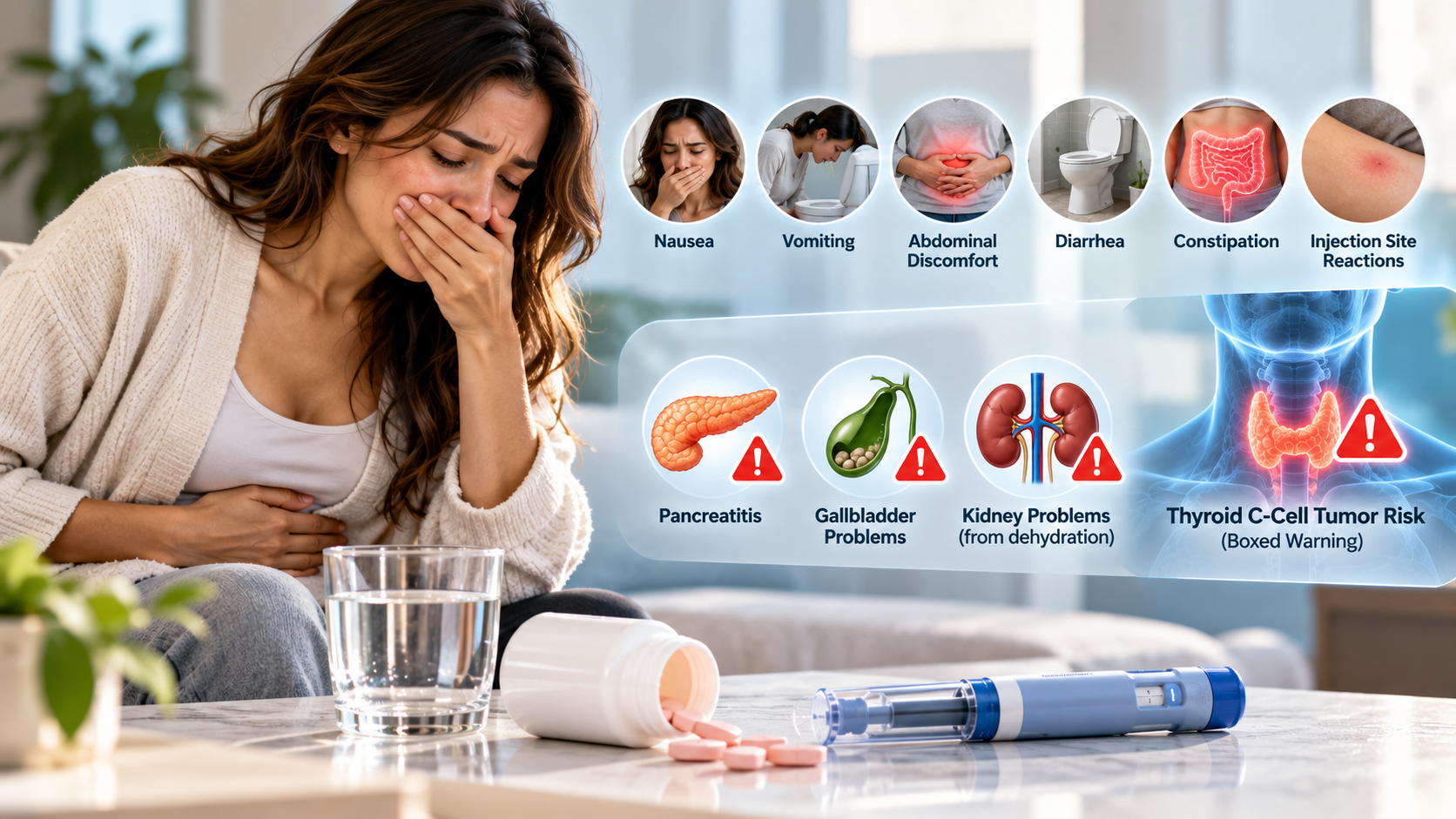 Woman experiencing nausea and stomach discomfort from weight loss medication side effects.