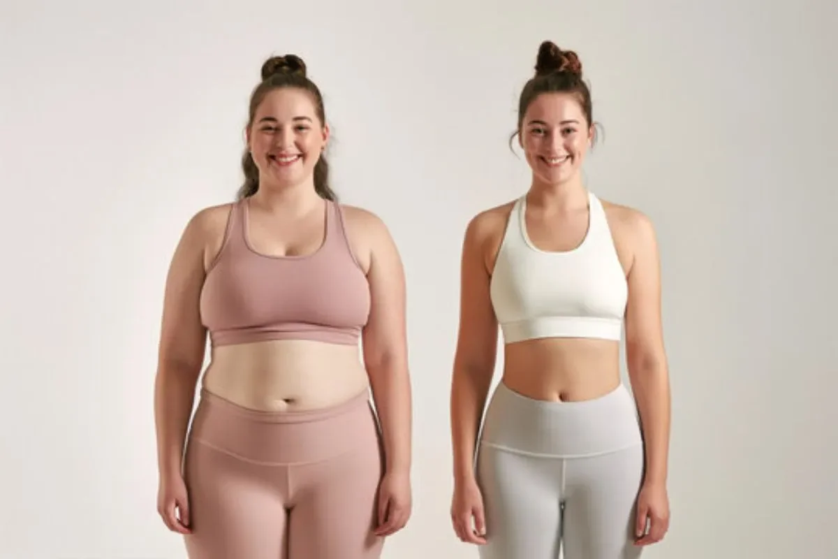 Two women stand side by side, smiling. The one on the left wears a pink sports outfit, the one on the right wears a white top and grey leggings. Both look confident.