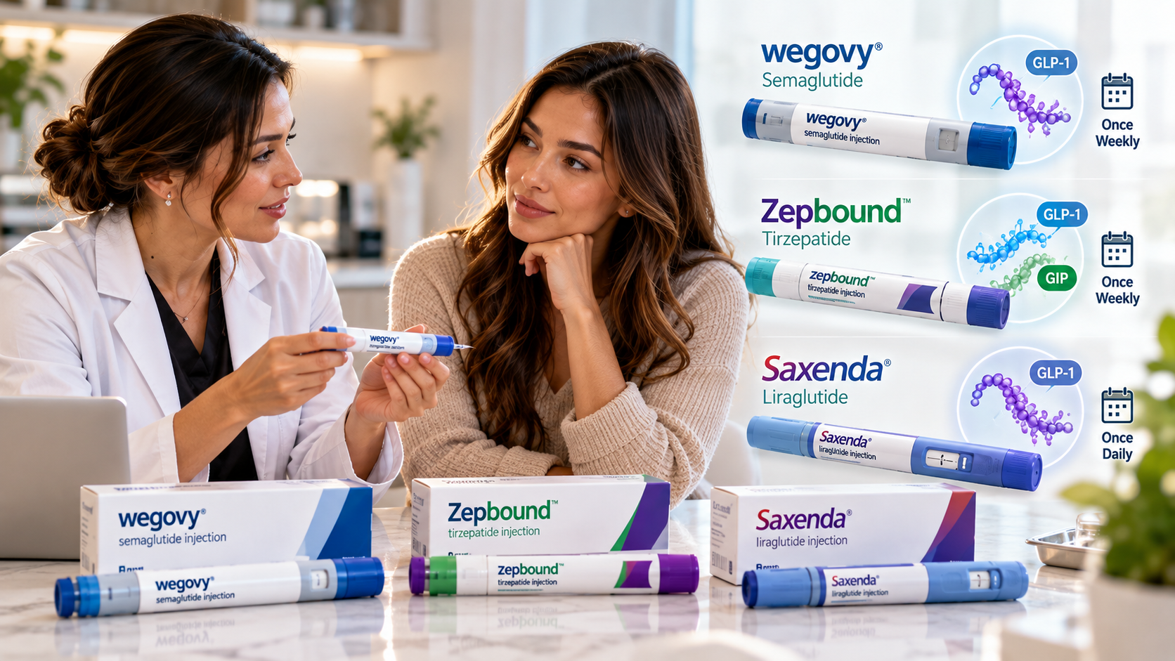 Wegovy, Zepbound, and Saxenda weight loss injections.