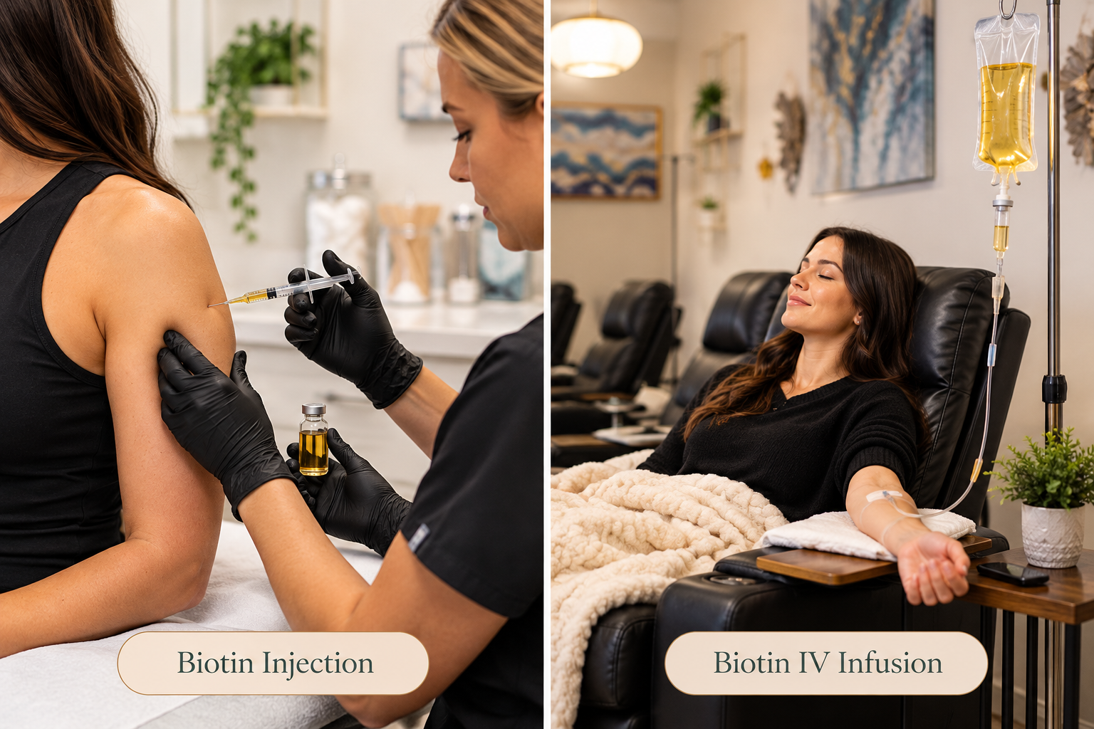 Side-by-side comparison of a biotin injection administered in the upper arm and a woman receiving an IV infusion