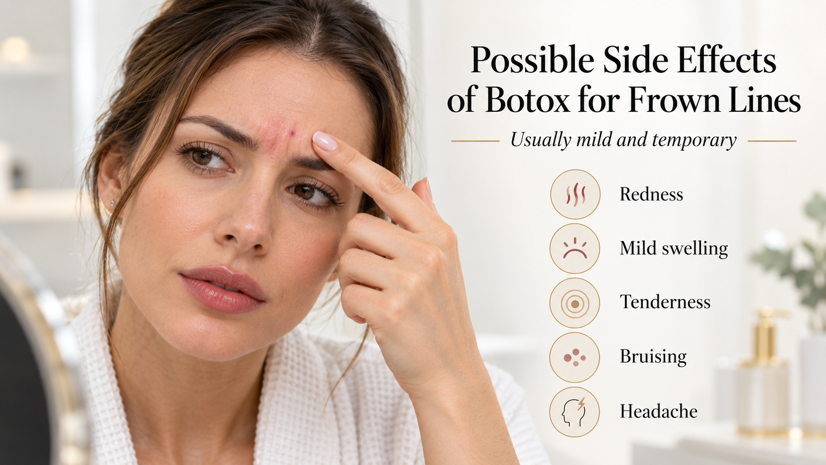 Woman showing mild redness after Botox for frown lines with common side effects listed.
