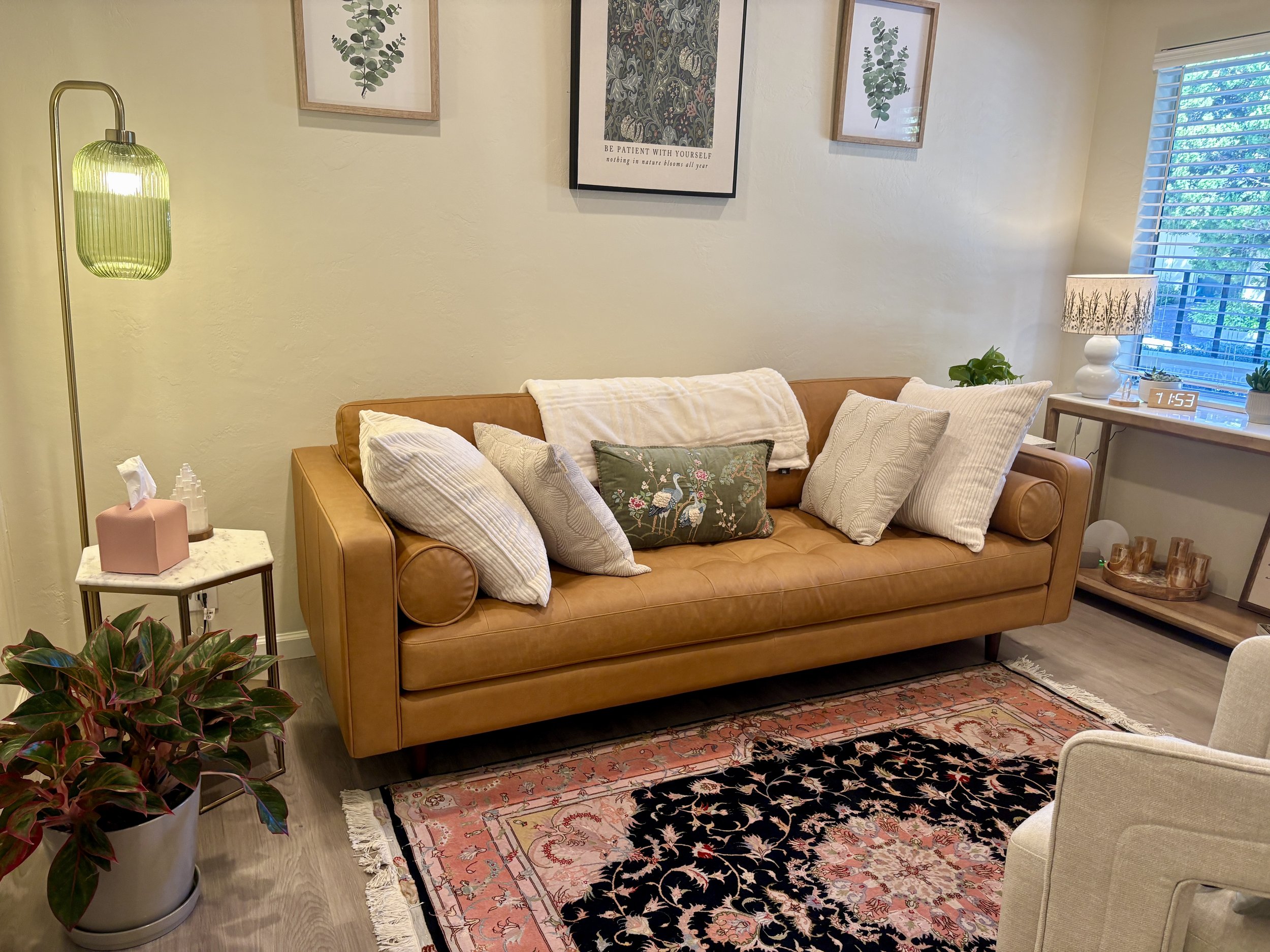 Cozy couch and inviting Los Gatos office space for Kim Diorio
