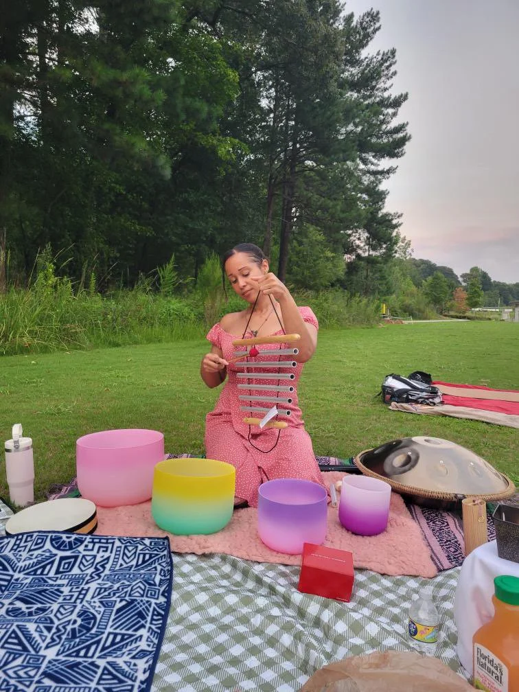 A woman in a pink dress is sitting on a picnic blanket outdoors, playing a rainbow-colored steel tongue drum. Surrounding her are other musical instruments and picnic supplies on the blanket, with trees and a cloudy sky in the background.