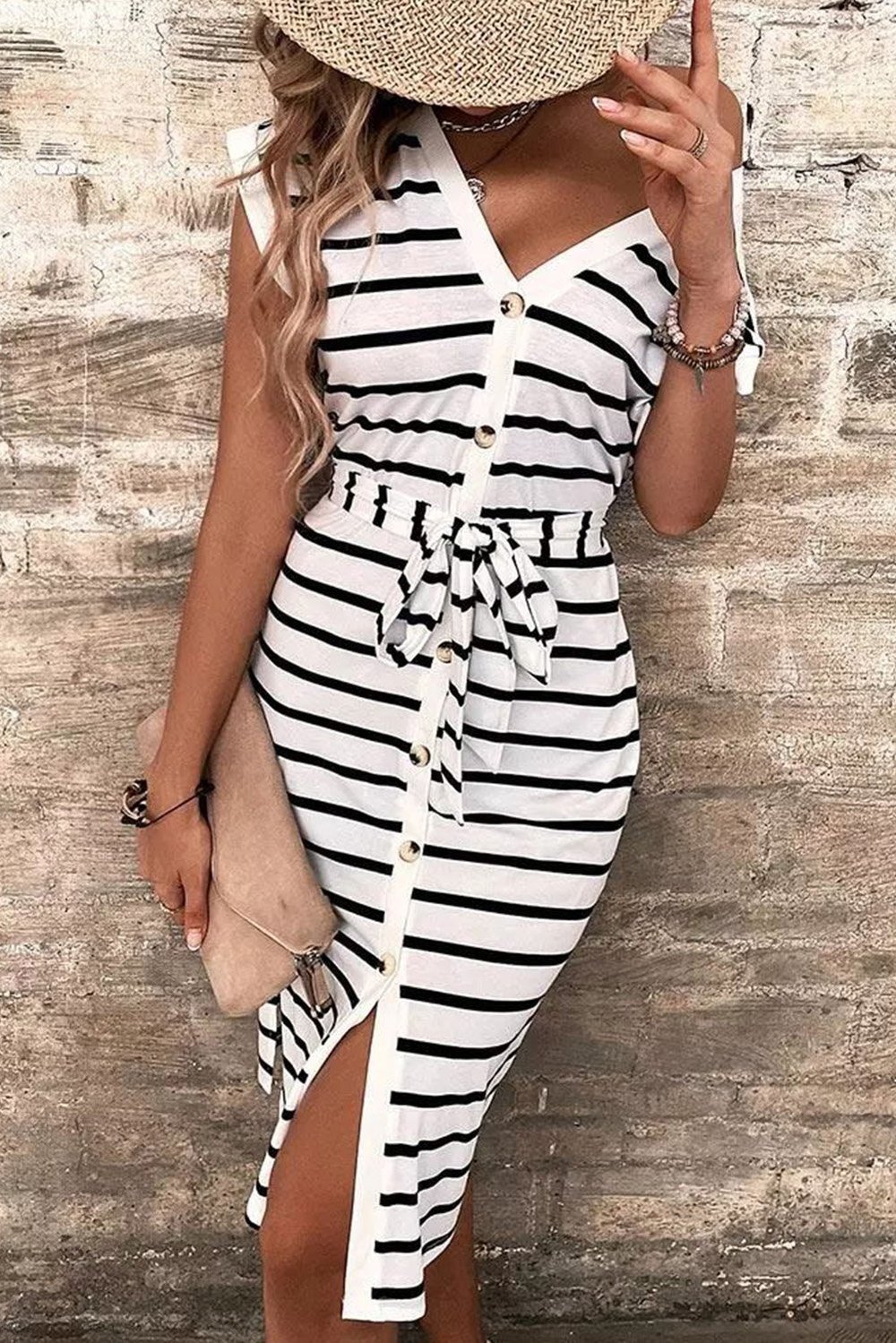 Striped Button Belted Casual V-Neck Midi Dress  LHC Collection