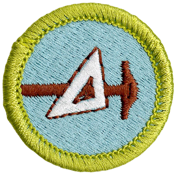 An embroidered patch with a yellow border, featuring a blue background and a white triangle with a brown border, intersected by a horizontal brown line and a vertical brown nail symbol.