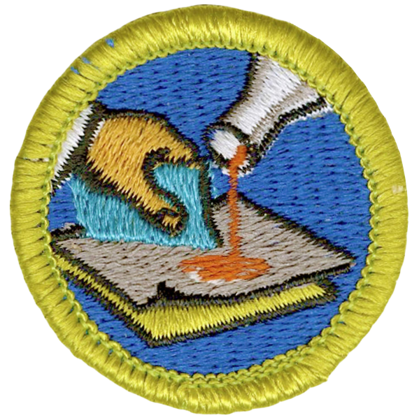 A stitched patch featuring a hand pouring ink onto a piece of paper.