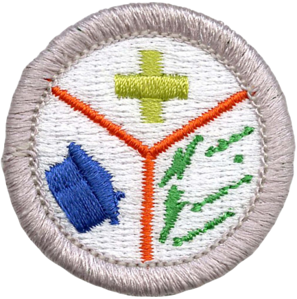 Embroidered patch with a medical symbol, a blue book, and green caduceus, enclosed in a circular border.