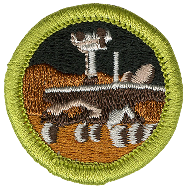 Embroidered patch showing a dog lying on the ground with a tree in the background, outlined with a yellow border.
