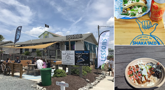 A beachside scene with a surf school and a taco restaurant, featuring people sitting outdoors under tents, with banners and signs, and two dishes of Mexican food with chips and salsa.