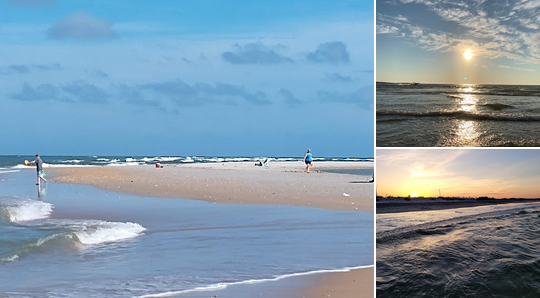 Combination of three beach scenes with people enjoying the water and sky at sunset and daytime.