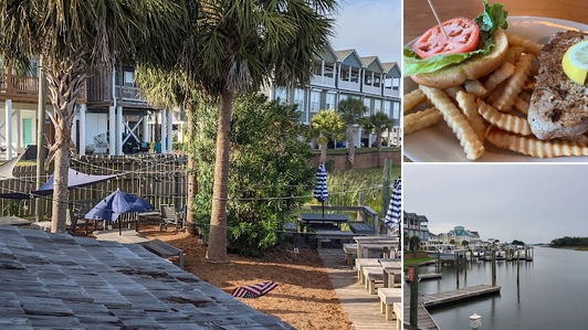 A collage of four images showing a waterfront area with houses, a plate of fried food with sandwiched burger, and a dock with boats on a river.