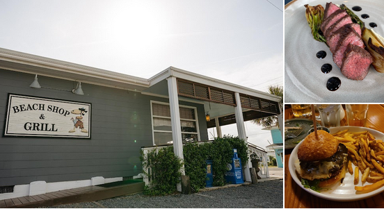 Exterior view of Beach Shoots & Grill restaurant with a gray building, white trim, and a sign, along with images of a plated tenderloin steak with sauce and vegetables, and a burger with fries.