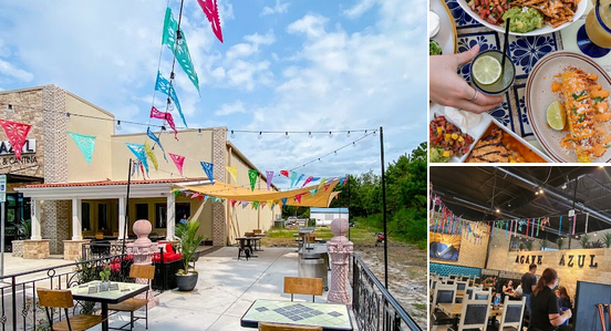 Outdoor patio with tables and chairs, colorful flags and banners, and a building with a sign 'Agave Azul'. Indoor section showing people dining and a bar area