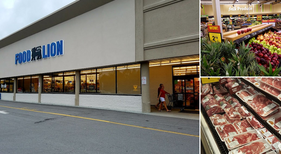 Exterior view of a Food Lion grocery store with shopping carts near the entrance. Small images show fresh produce section and a meat display inside the store.