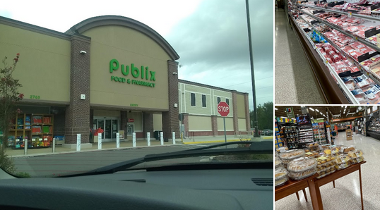 A Publix grocery store exterior with a parking lot, and close-up images of grocery store aisles with packaged foods and baked goods.
