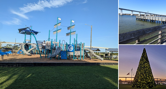 A collage of three images: a large playground with pirate ship theme in a park, a wooden pier extending into a body of water, and a decorated Christmas tree with lights and flags at sunset.