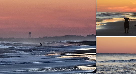 Beach at sunset with waves and a person standing on the shoreline