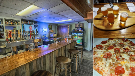 A bar with a wooden counter, beer taps, and shelves of bottles. A flight of beer samples on a wooden paddle and a slice of pizza with various toppings are also shown.