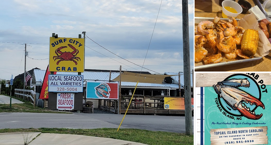 Collage showing signs for Surf City Crab and fish restaurant, and a photo of seafood dishes including shrimp, corn on the cob, and dipping sauces.