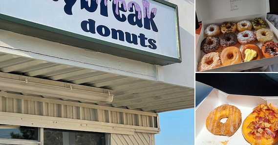 A collage of three images: the first showing a bakery sign that reads 'Tretak Donuts,' the second displaying a box of assorted donuts with various toppings, and the third featuring two donuts on a tray, one glazed and the other with frosting and sprinkles.