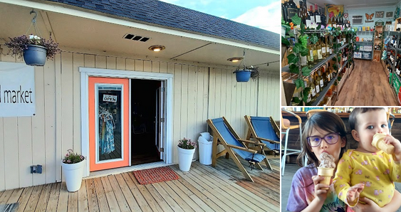 A collage of three photos: the first shows the exterior of a small shop with a wooden porch, potted plants, and two blue lounge chairs. The second shows the interior of a store with shelves stocked with various green and colorful items. The third features two children enjoying ice cream cones, one girl with glasses and the other wearing a yellow shirt with pink flowers.