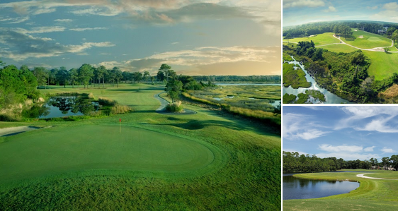 Scenic view of a golf course with green fairways, water hazards, and surrounding trees under a partly cloudy sky.